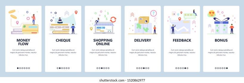 Onboarding for web site, mobile app. Menu banner vector template for website and application development. Money flow, Cheque, Shopping online, Delivery, Feedback, Bonus walkthrough screens.