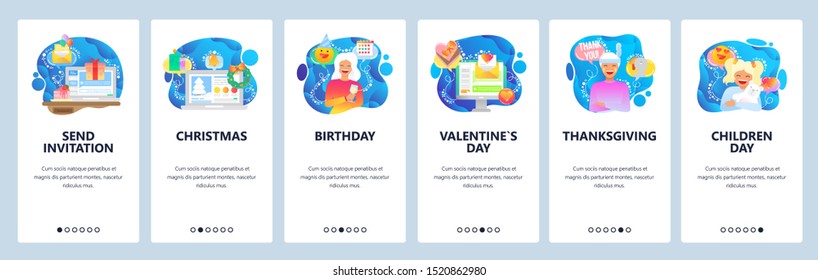 Onboarding for web site and mobile app. Menu banner vector template for website and application development. Send invitation, Christmas, Birthday, Valentines Day, Thanksgiving, Children Day screens.