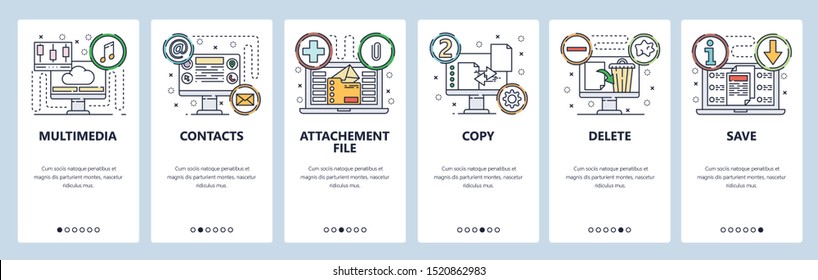 Onboarding for web site and mobile app. Menu banner vector template for website and application development. Multimedia, Contacts, Attachment file, Copy, Delete, Save walkthrough screens