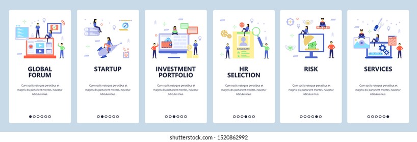 Onboarding for web site, mobile app. Menu banner vector template for website and application development. Startup, HR selection, Global forum, Services, other walkthrough screens. Flat style design.
