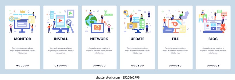 Onboarding for web site, mobile app. Menu banner vector template for website and application development. Monitor, Install, Network, Update, File, Blog walkthrough screens. Flat style design.