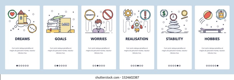 Onboarding for web site and mobile app. Menu banner vector template for website and application development. Dreams, Goals, Worries, Realisation, Stability, Hobbies walkthrough screens.Thin line art.