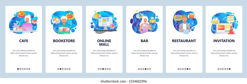 Onboarding for web site and mobile app. Menu banner vector template for website and application development. Cafe, Bookstore, Online mall, Restaurant, Bar, Invitation screens with blue abstract shapes