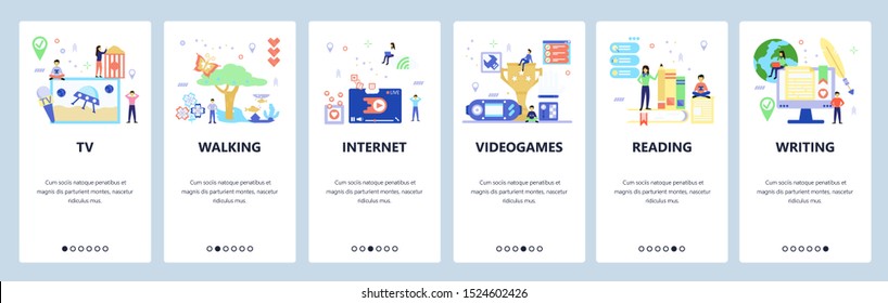 Onboarding for web site, mobile app. Menu banner vector template for website and application development. Tv, Walking, Internet, Video games, Reading, Writing walkthrough screens. Flat style design.