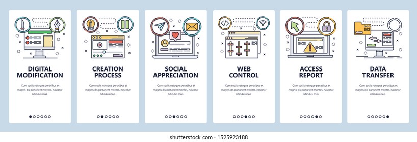 Onboarding for web site and mobile app. Menu banner vector template for website and application development. Digital modification, Creation process, Data transfer, other screens. Thin line art style.