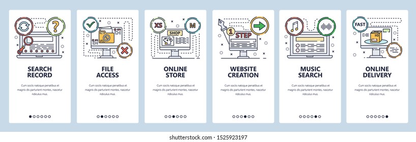 Onboarding for web site, mobile app. Menu banner vector template for website and application development. Search record and music, File access, Online store, Website creation, Online delivery screens.