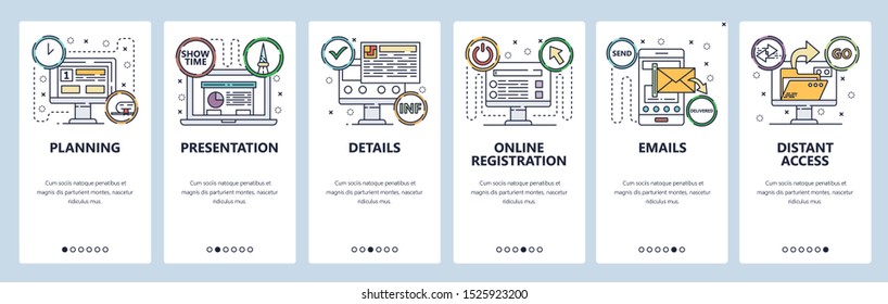 Onboarding for web site, mobile app. Menu banner vector template for website and application development. Planning, Presentation, Details, Online registration, Emails, Distant access screens.