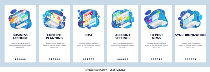 Onboarding for web site and mobile app. Menu banner vector template for website and application development. Business account, Content planning, Post, Account settings and other walkthrough screens.