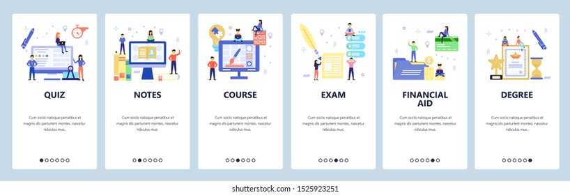 Onboarding for web site, mobile app. Menu banner vector template for website and application development. Course, Quiz, Exam, Degree, Financial aid, Notes walkthrough screens. Flat style design.