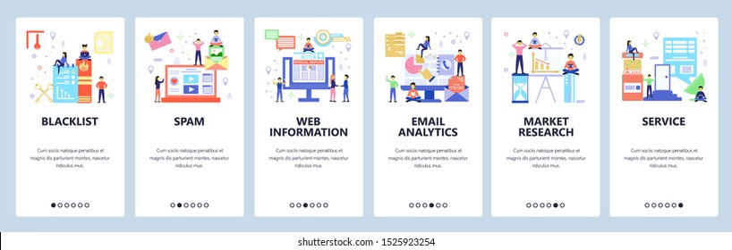 Onboarding for web site, mobile app. Menu banner vector template for website and application development. Blacklist, Spam, Web information, Email analytics, Market research, Service screens.