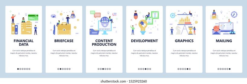 Onboarding for web site, mobile app. Menu banner vector template for website and application development. Content production, Development, Graphics Mailing other walkthrough screens. Flat style design