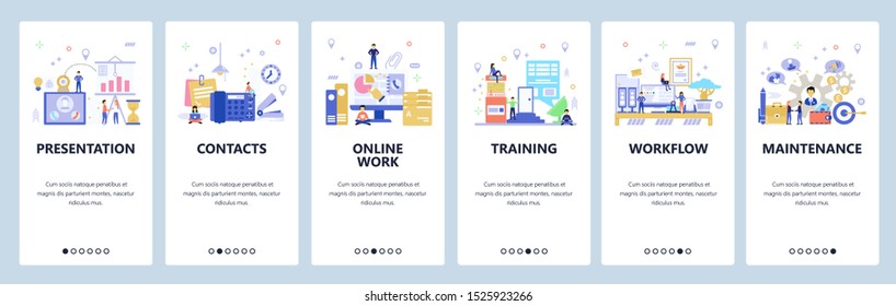 Onboarding for web site, mobile app. Menu banner vector template for website and application development. Presentation, Contacts, Online work, Training, other walkthrough screens. Flat style design.