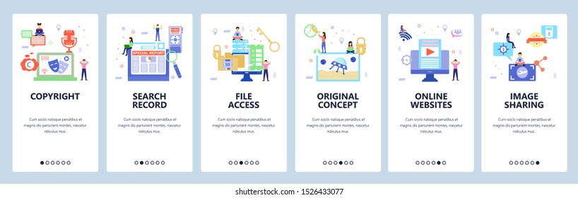 Onboarding for web site, mobile app. Menu banner vector template for website and application development. Copyright, Search record, File access, Online websites walkthrough screens. Flat style design.