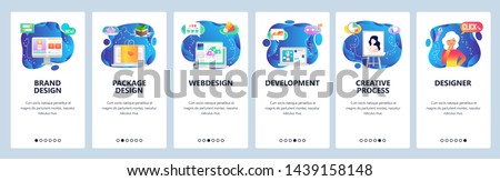 Onboarding for web site and mobile app. Menu banner vector template for website and application development. Brand and package design, Webdesign, Development, Creative process, Designer screens.