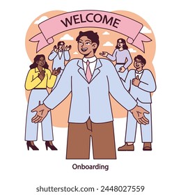 Onboarding welcome. New hire greeted with enthusiasm by the team, marking a warm beginning in the company. A culture of inclusion and support visualized. Vector illustration.