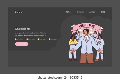 Onboarding welcome. New hire greeted with enthusiasm by the team, marking a warm beginning in the company. A culture of inclusion and support visualized. Vector illustration.