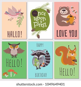 Once upon forest cards collection. Cute animals kids cards. Vector forest animal bear and owl on card illustration