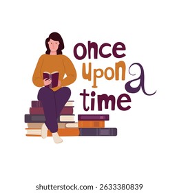 Once upon a time, Book. Flat vector clipart, illustration with isolated background.