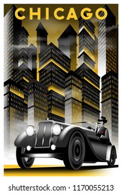 Once upon a time in night in Chicago.. Handmade drawing vector illustration. Retro poster. Art Deco style.
