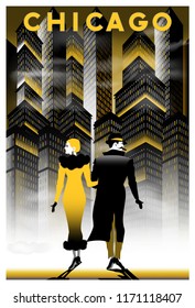 Once Upon A Time In Night In Chicago. Handmade Drawing Vector Illustration. Retro Poster. Art Deco Style.