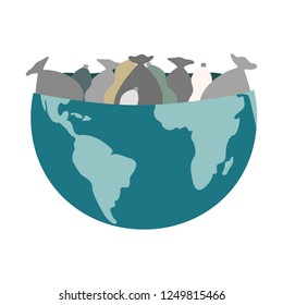 Oncept of global pollution. Half the planet is filled with garbage bags.