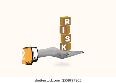 oncept of low risk . Businessman hand putting risk wording print screen on block cube for financial banking risk Collage Art Vector illustration . Creative concept for web banner, social media banner