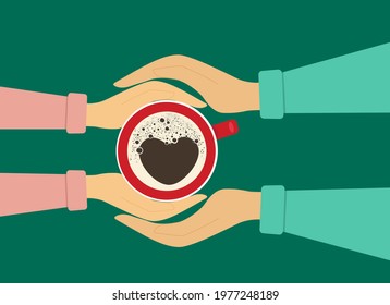 oncept of a romantic meeting. Vector illustration. Female hands hold a cup of coffee and male hands hug female hands. View from above