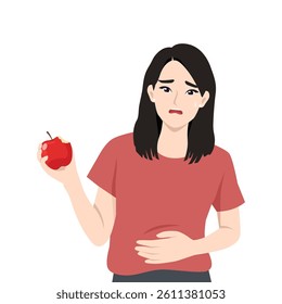 oncerned woman in a red shirt holding a bitten apple, clutching her stomach with a pained expression Flat Vector character illustration
