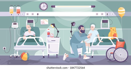 Oncologic pediatric ward with male nurse attending 2 kids after cancer treatment horizontal isometric composition vector illustration 