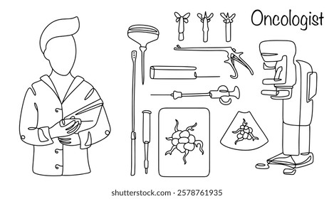 Oncologist and basic tools for detecting oncology. Cancer treatment specialist. Medical vector illustration drawn with continuing line. Vector.