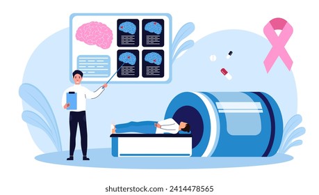 Oncologist. Cancer disease diagnostic and treatment. Oncology chemotherapy, biopsy, tumor removal surgery. An oncologist will perform an MRI and analyze the images obtained. Vector illustration.