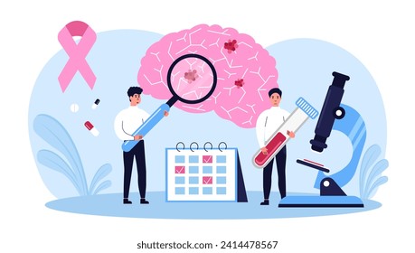 Oncologist. Cancer disease diagnostic and treatment. Oncology chemotherapy, biopsy, tumor removal surgery. Doctors conduct an examination of the brain for cancer cells. Vector illustration.