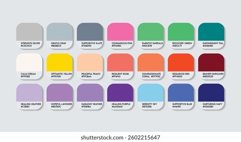 Oncologist Color Guide Palette with Color Names. Catalog Sample of Oncologist with RGB HEX codes and Names. Oncologist Color Palette, clothes, metal, plastic, fashion trend Oncologist Color Palette