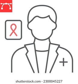 Oncologist line icon, oncology and AIDS, doctor with caner ribbon vector icon, vector graphics, editable stroke outline sign, eps 10.