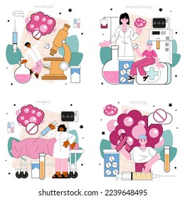 Oncologist set. Cancer disease modern diagnostic and treatment. Oncology chemotherapy and tumor removal. Flat vector illustration