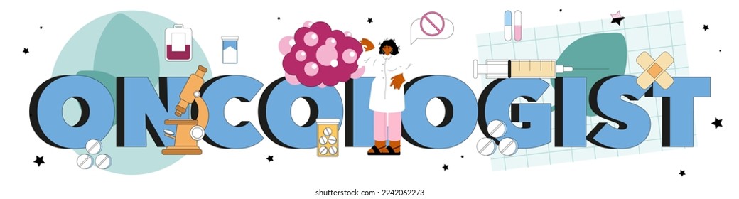 Oncologist typographic header. Cancer disease modern diagnostic and treatment. Oncology chemotherapy and tumor removal. Flat vector illustration