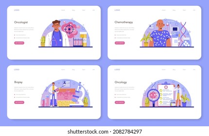 Oncologist web banner or landing page set. Cancer disease diagnostic and treatment. Oncology chemotherapy, biopsy, tumor removal surgery. Isolated flat vector illustration