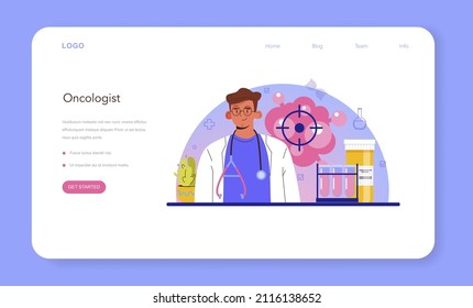 Oncologist web banner or landing page. Cancer disease diagnostic and treatment. Oncology chemotherapy, biopsy, tumor removal surgery. Isolated flat vector illustration