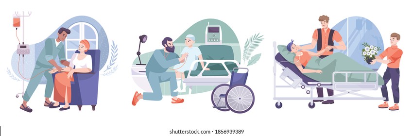 Oncology 3 flat compositions with chemotherapy treatment postoperative nursing care friends family visiting cancer patients vector illustration 
