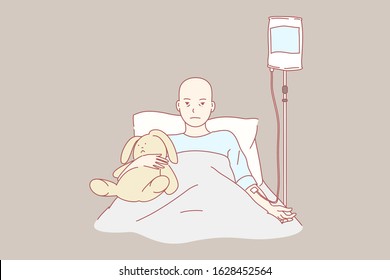 Oncology, Care, Childhood, Clinic, Health Concept. Sad, Suffering Teen Fighting With Cancer. Hospital Chemotherapy. Untitumor Protective Procedure. Child Oncology Medicine Therapy Simple Flat Vector.