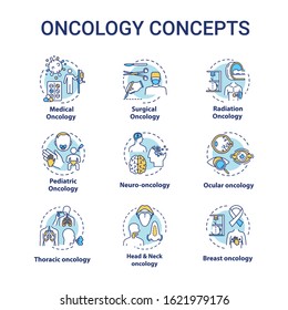 Oncology concept icons set. Cancer disease types and treatment. Medication of tumor. Healthcare idea thin line RGB color illustrations. Vector isolated outline drawings. Editable stroke