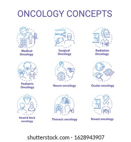 Oncology concept icons set. Cancer disease types and treatment. Medication of tumor. Healthcare idea thin line RGB color illustrations. Vector isolated outline drawings