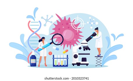 Oncology Concept. Tiny Persons Research Cancer Disease. Radiology Diagnosis And Sickness Therapy. Chemotherapy, Biopsy, Tumor Removal. Vector Illustration