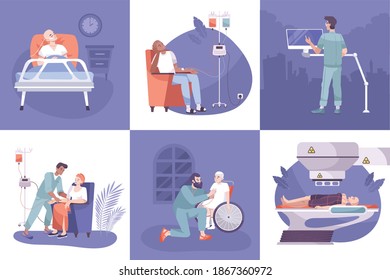 Oncology diagnostic tests cancer radiotherapy chemotherapy treatment nursing postoperative care concept 6 flat background compositions vector illustration 