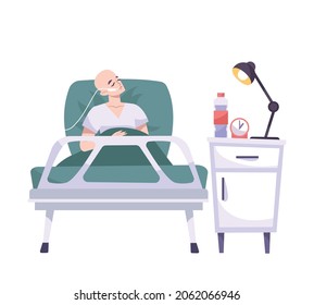 Oncology flat composition with human character of bald patient lying in bed vector illustration