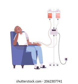 Oncology flat composition with human character of patient sitting in armchair with dropping tube vector illustration