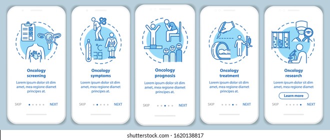 Oncology onboarding mobile app page screen with concepts. Cancer symptoms and prognosis. Illness treatment walkthrough five steps graphic instructions. UI vector template with RGB color illustrations