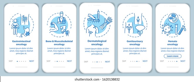 Oncology onboarding mobile app page screen with concepts. Gastrointestinal oncology. Cancer treatment walkthrough five steps graphic instructions. UI vector template with RGB color illustrations