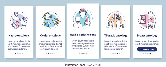 Oncology onboarding mobile app page screen with concepts. Cancer treatment walkthrough five steps graphic instructions. Ocular and thoracic oncology. UI vector template with RGB color illustrations