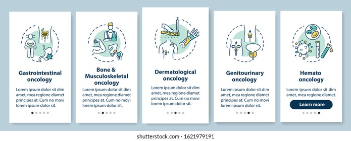 Oncology onboarding mobile app page screen with concepts. Cancer treatment walkthrough five steps graphic instructions. Gastrointestinal oncology. UI vector template with RGB color illustrations